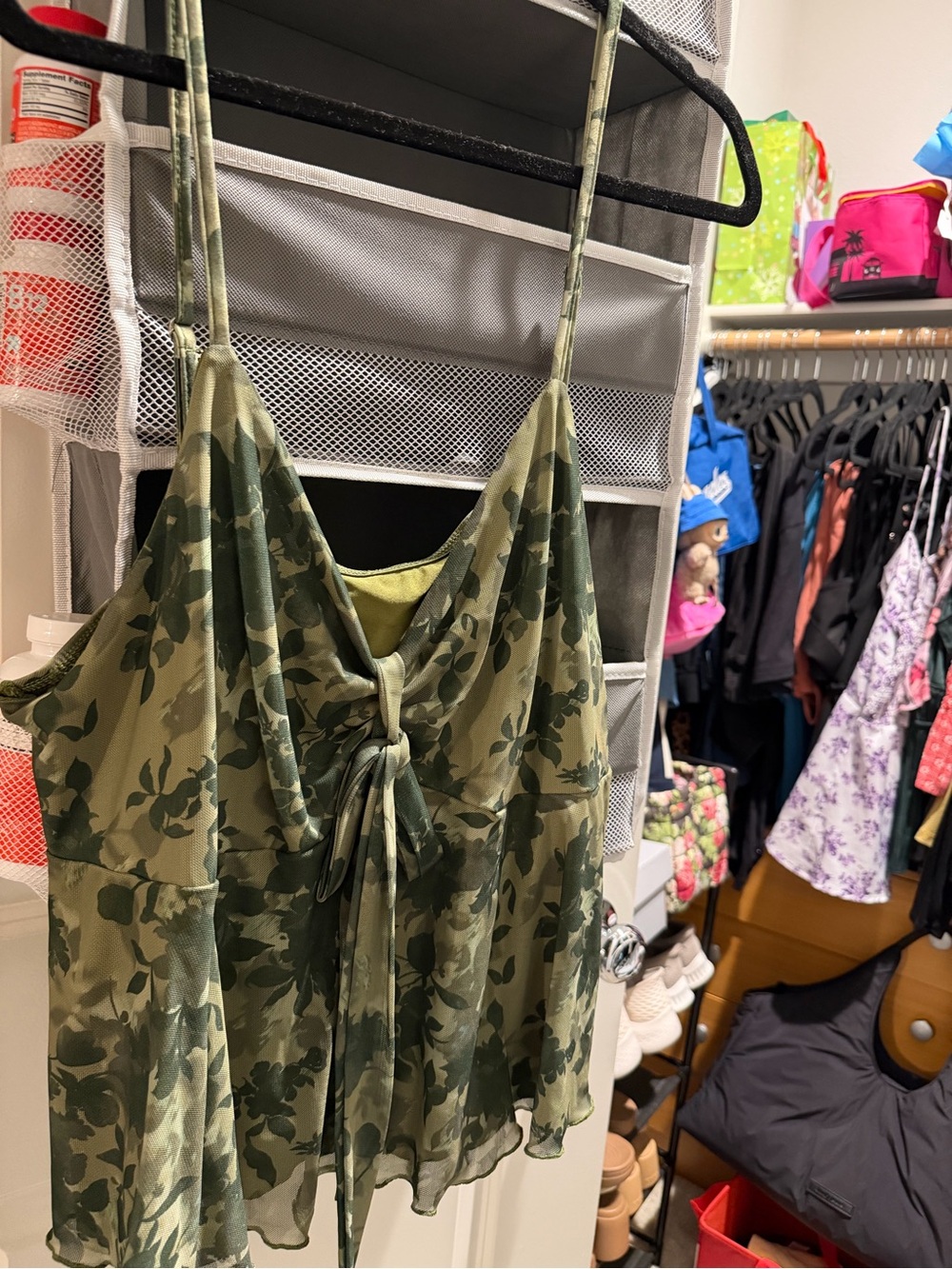 SHEIN Olive Green Floral Tie-Front Spaghetti Strap Cami